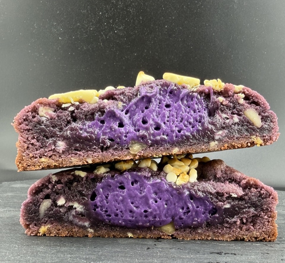 Ube macadamia cookie cross-section